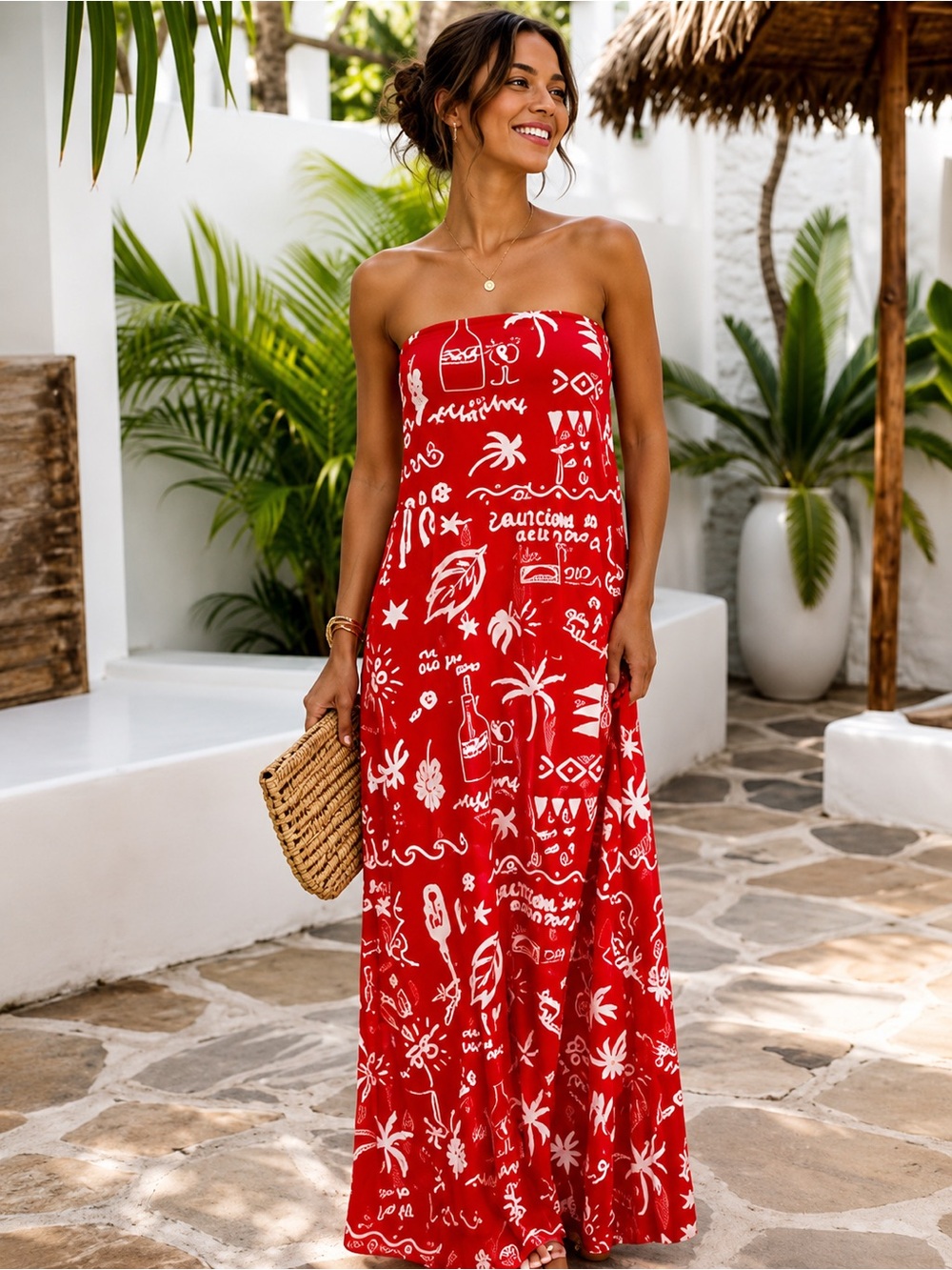 ANTHROPOLOGIE Paper Heart Red Resort Print Maxi Dress, Size Large - Picture 2 of 14